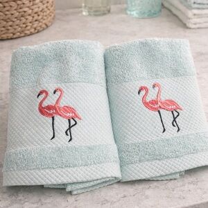 Pink Flamingo Embroidered Hand Towels Set Coastal Beach Bathroom Decor